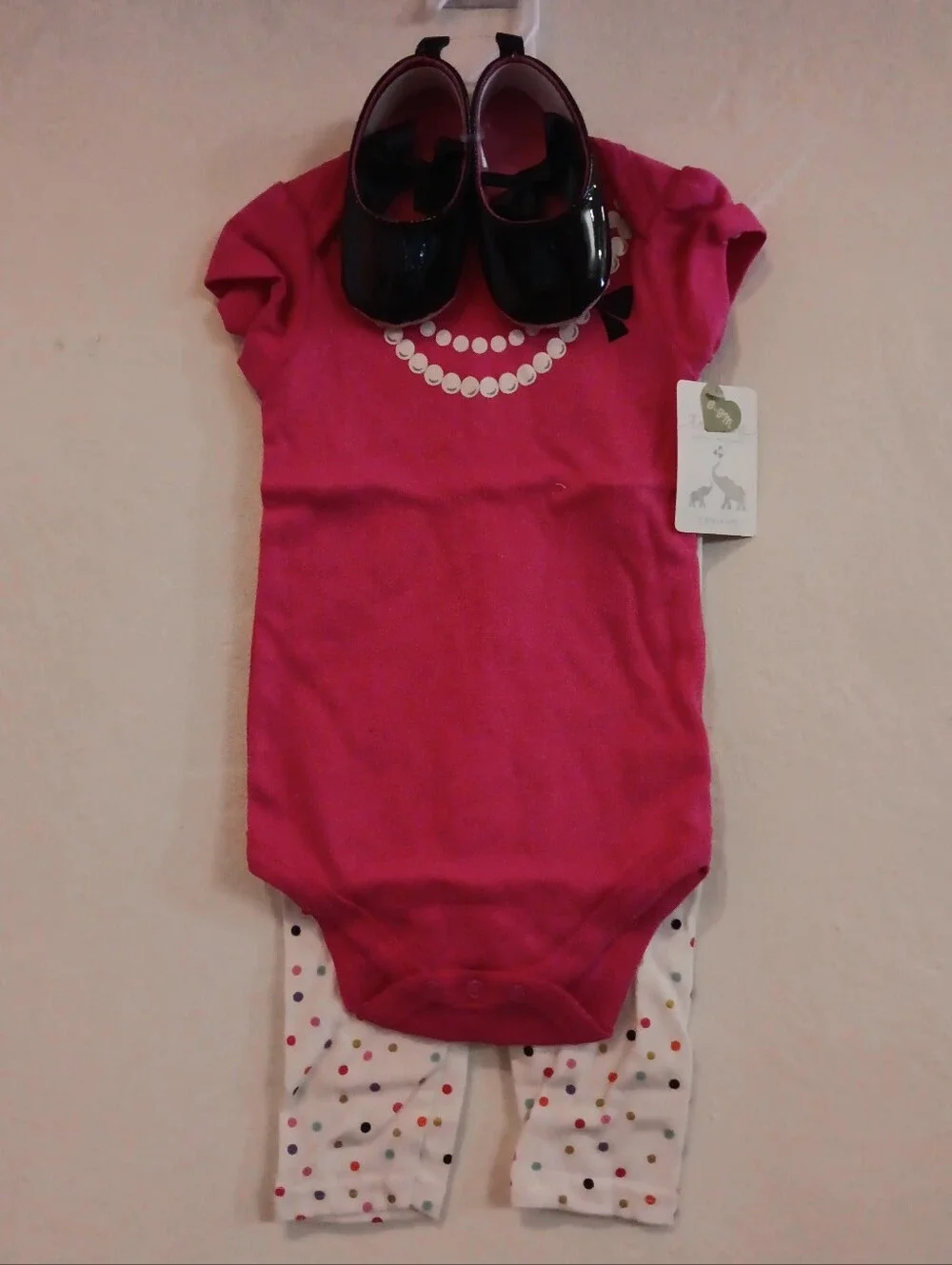 Baby Girls' Pink Onesie & Polka Dot Pants Set with Black Patent Shoes 6-9M